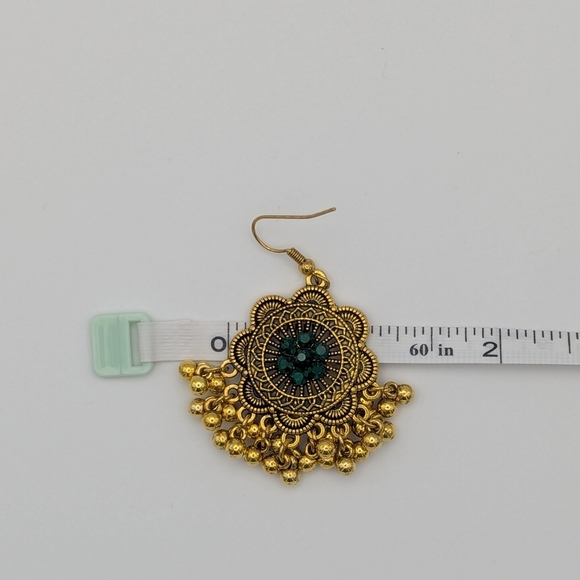 Gold Necklace Drop Earrings Set Green Gemstone Bollywood Wedding Bridal - Picture 8 of 10